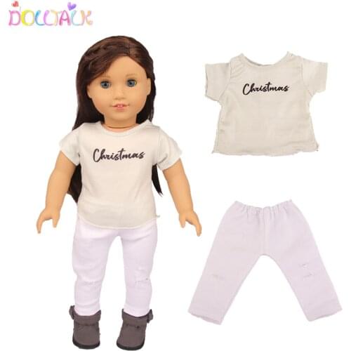 18 Inch American Doll Clothes Set White Letter(Christmas)T-shirt+Pants Suit For 43cm New Baby Reborn Doll Fir DIY OG Girls Doll