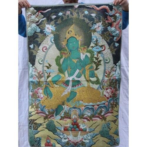 36 inch Chinese Folk Silk embroidery Green Tara Mahayana Buddhism Thangka Painting Mural
