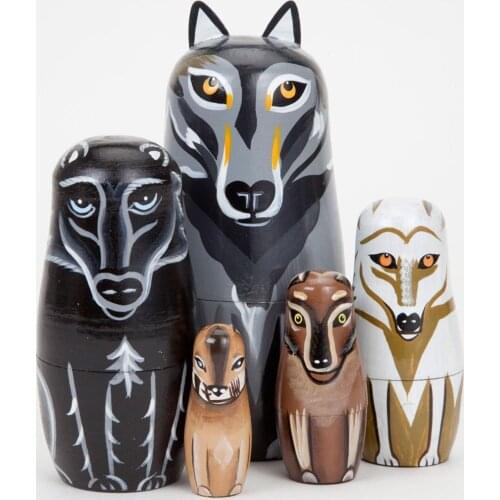 5Pcs/Set Hand Painted Wooden Wolf Nesting Dolls Russian Matryoshka Kids Toy Tabletop Ornaments Birthday Children Gift Crafts