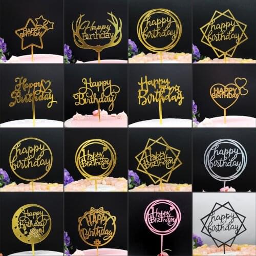 1PC Acrylic Cake Topper Gold Flash Cake Topper Happy Birthday Party New Year Decoration For Home Party Supplies Cupcake Topper