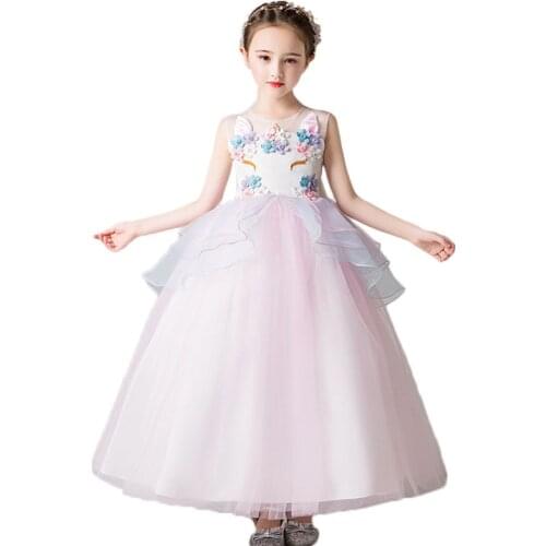 2019 Girls Unicorn Long Dresses 4-15 years Kids Wedding Party Prom Gown Teen Princess Dress Halloween Costume Childrens Clothes
