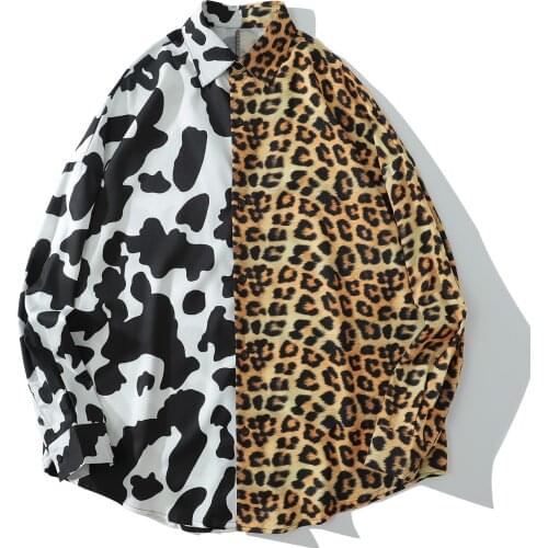 Hip Hop Leopard Cow Print Patchwork Long Sleeve Hawaiian Shirt Autumn Harajuku Streetwear Shirt Men Women Cotton Loose Shirt Top