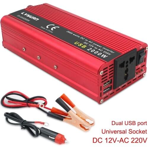 2000W Inverter DC 12V/24V to AC 110V/220V 230V Vehicle USB Charger Adapter Converter Car Solar Inverter Universal US Socket