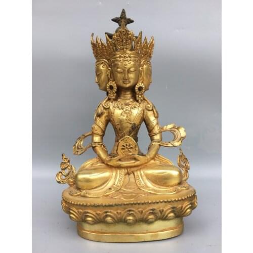 13"Chinese temple collection Old Bronze Gilt Erawan Buddha Head Longevity Buddha Guanyin Bodhisattva Ornaments Town House