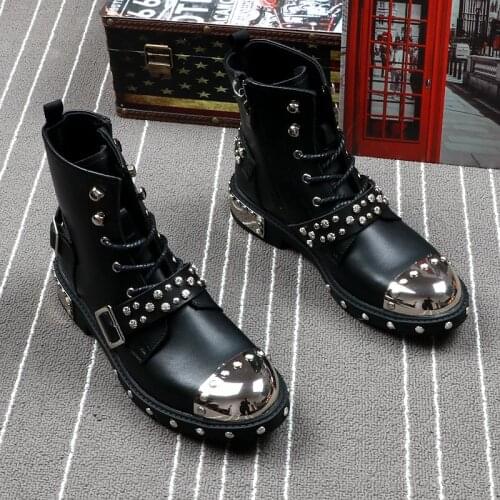 Spring and summer mens leather boots punk style Rivet metal motorcycle Martin fashion high top short men boots genuine leather