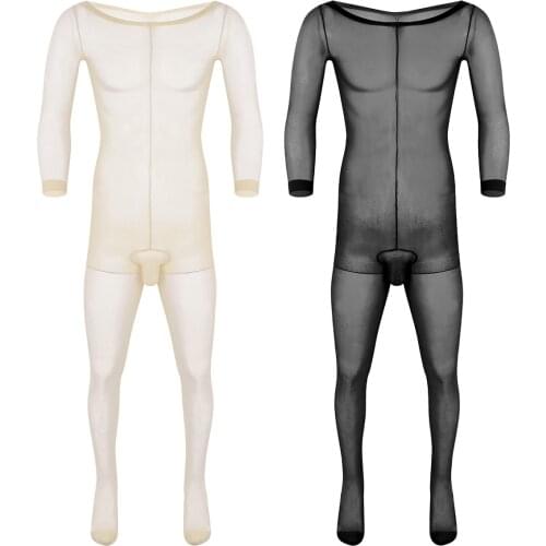 Men Transparent Bodystocking Long Sleeves Closed Penis Sheath Sleeve Sexy See Through Ultra-thin Pantyhose Sissy Gay Bodysuit