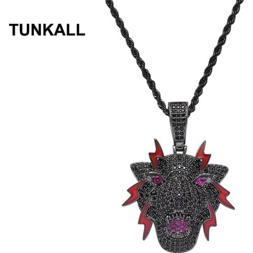 TUNKALL Bling Bling Brass CZ Black Animal Pendants Mirco Pave Prong Setting Men And Women Hip Hop Necklace CN251