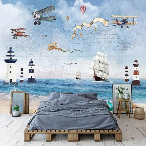 Custom Mural Wallpaper 3D Cartoon Airplane Sailboat Sea Wall Painting Kids Bedroom Background Wall Decor Modern Creative Fresco