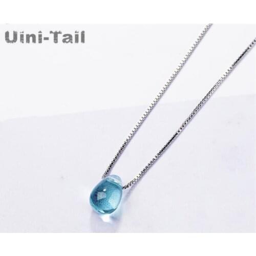Uini-Tail hot new 925 sterling silver blue artificial crystal necklace Korean simple temperament water drop pendant versatile