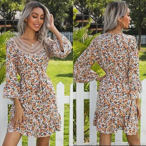 Sexy Bodycon Lace 2021 Autumn Dress Woman Flared Long Sleeve Floral Short Dress V Neck Stitching Fashion Mini Y2K Dress Casual