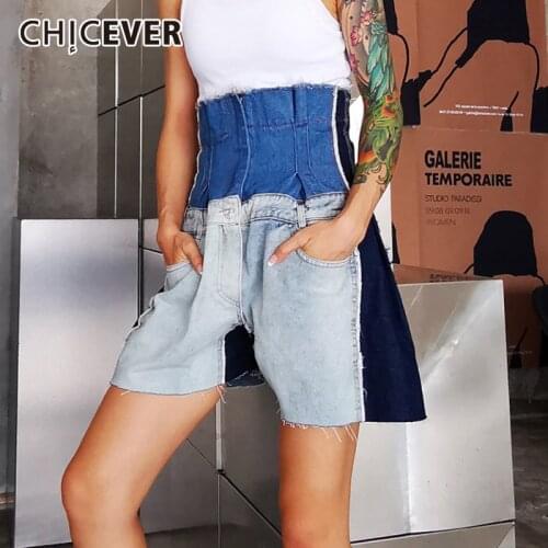 CHICEVER Hit Color Denim Shorts For Women High Waist Patchwork Pockets Casual Wide Leg Shorts Female Fashion Streetwear Tide New