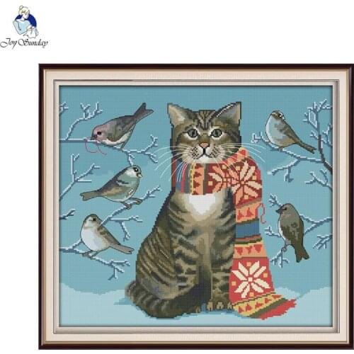 Joy sunday A Cat and Birds 11CT Printed Fabric 14CT Canvas DMC Counted Chinese Cross Stitch Kits Embroidery Needlework