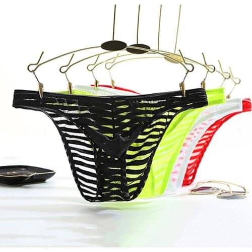 4Pcs/Lot Mens Sexy Transparent Stripe Underwear Bikini Cueca Gay Underwear Ice Silk Panties Cheap Mens Briefs Low Rise Panties