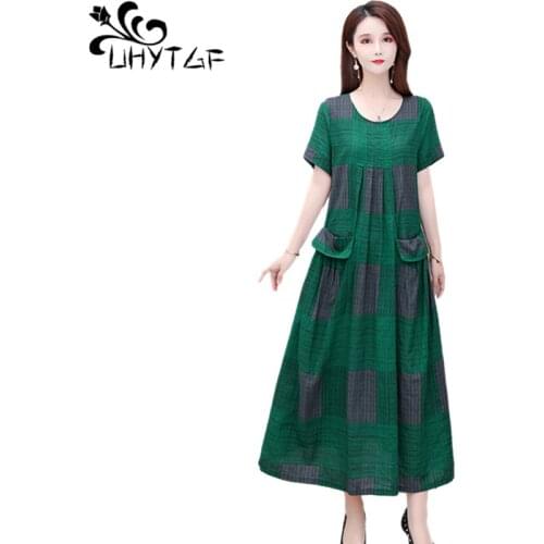 UHYTGF Mom Loose 5XL Plus Size Dresses Fashion Plaid Cotton Linen Comfortable Thin Summer Dress Womens Casual Long Clothes 1997