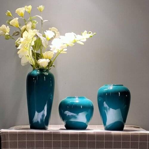 Home Decoration Insert Craft Simple Glaze Pure Blue Vase Flower Arrangement Living Room Modern Style Artistical Vase