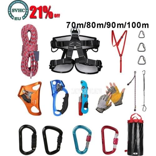 70m/80m/90m/100m Outdoor Rock Climbing Equipment Mountaineering Climbing Rope Set with Safety Belt/Buckle/Descender/Riser/Bag