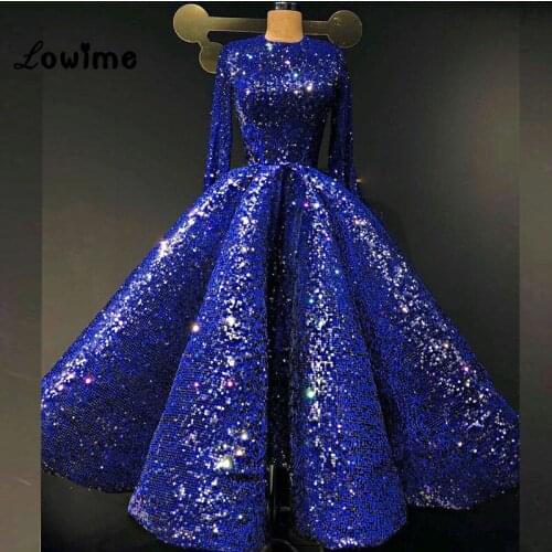 Bling Royal Blue Shiny Sequin Prom Dresses Long Sleeve Formal Evening Gown Arabic Abendkleider Party Dress Vestido De Festa New