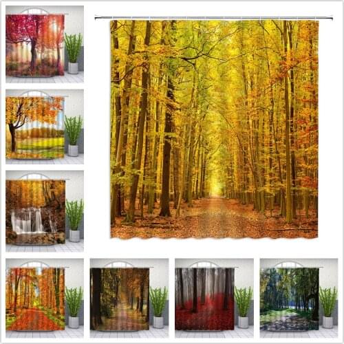 Landscape Shower Curtains Autumn Forest Yellow Red Leaves Waterfall 3D Scenic Bathroom Decor Waterproof Cloth Curtain Set Cheap