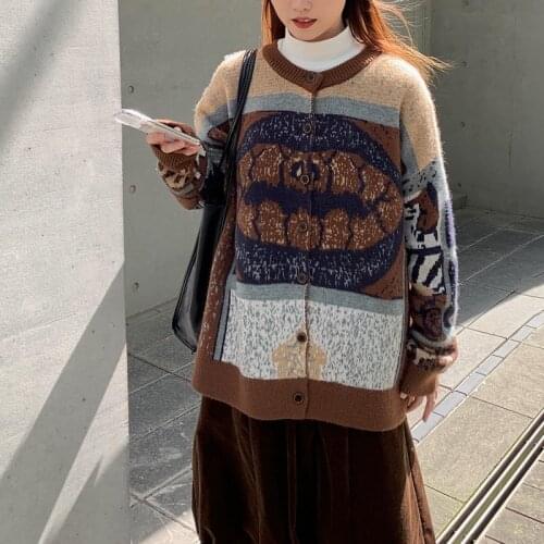 Retro sweater cardigan women spring and autumn fashion new temperament casual loose all-match stitching knitted jacket