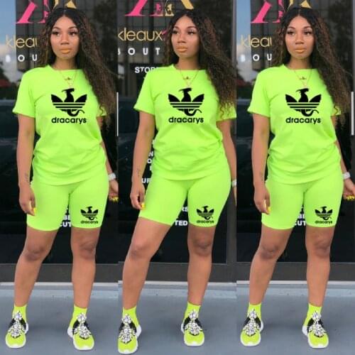 Casual Tracksuit Women Two Piece Set Summer T-Shirts and Shorts Sets Solid Color Print Short Sleeve Top Tees Female Suits 2021