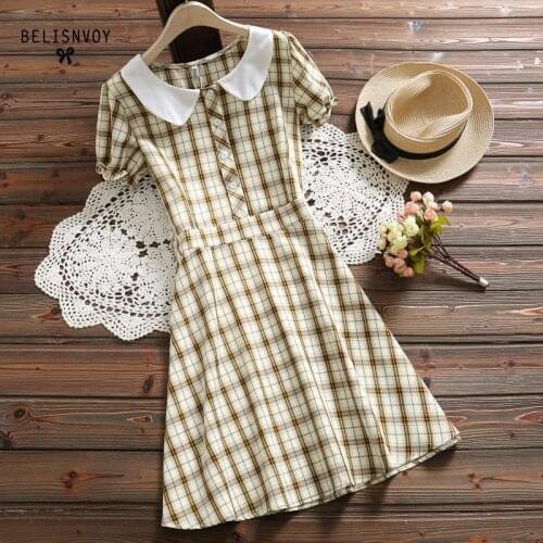2019 Preppy Style Summer Dress New Women Peter Pan Collar Short Sleeve Plaid Dresses Female Vintage A-line Elegant Mini Vestidos