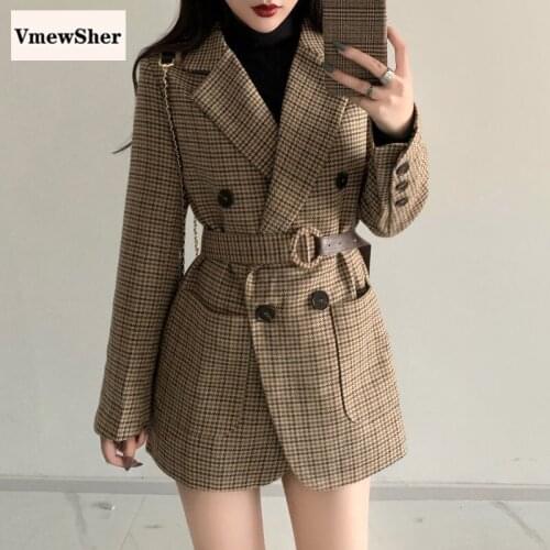 VmewSher New Women Elegant Woolen Coat With Belt Thick Houndstooth Plaid Long Sleeve Chic Outwear Ladies Overcoat Autumn Winter