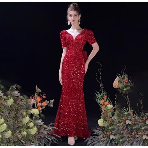Sequins Simple V-Neck Evening Dress Short Sleeves Mermaid Bow Lace Up Floor-Length Elegant New Woman Formal Party Gowns A1369