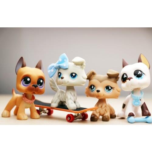 4 Pcs Pet Shop Mini Littlest Collie Great Dane Dog +Mini Accessories with Clear Peg Toys