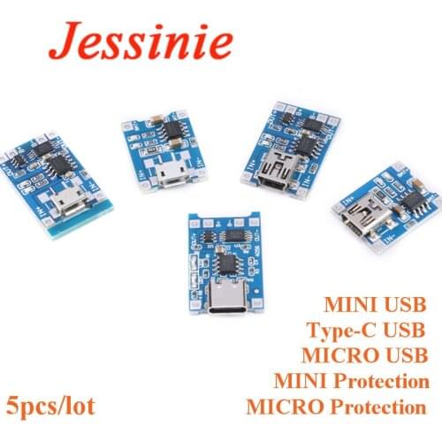 5pcs Type-C/Micro USB 5V 1A 18650 TP4056 Lithium Battery Charger Module Charging Board With Protection Dual Functions 1A Li-ion