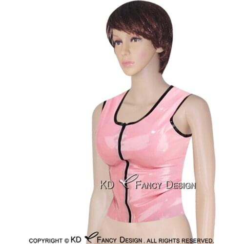 Baby Pink With Black Trims Sleeveless Sexy Latex Shirt With Zip Front Rubber Clothes Clothing Top YF-0052