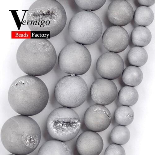 6/8/10/12mm Matte Silver Color Natural Drusy Agates Stone Beads Round Beads for Jewelry Making Diy Bracelet Necklace Accessories