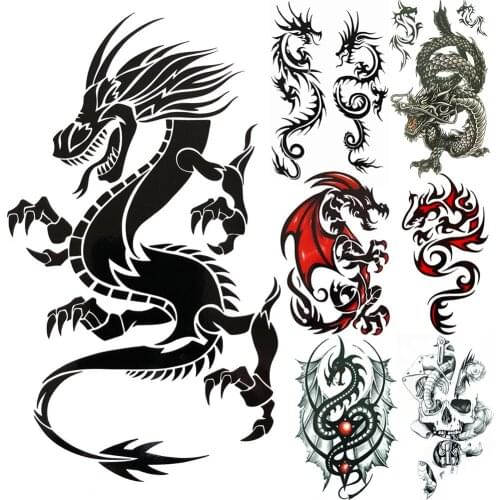 Dragon King Temporary Tattoos For Men Women Evil Death Skull Tattoo Sticker Geometric Totem Tribe Waterproof Tatoos Skeleton Arm