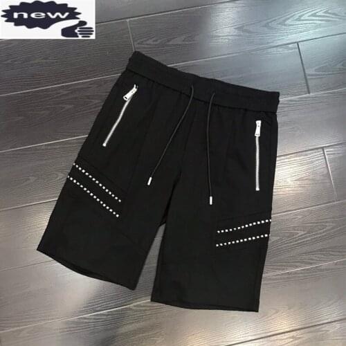 Harajuku Mens Black Beach Streetwear Drawstring Zipper Pocket Rivets Shorts Man Fashion Knee Length Cotton Short Trousers