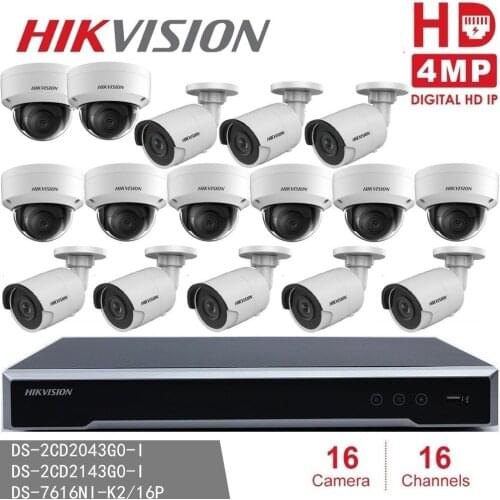 Hikvision Video Surveillance 8pcs DS-2CD2143G0-I + 8pcs DS-2CD2043G0-I 4MP IP Security Camera + NVR DS-7616NI-K2/16P 16CH 16POE