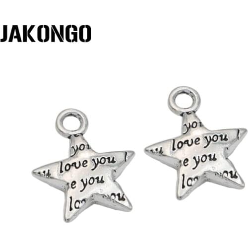 JAKONGO Antique Silver Plated I Love You Star Charms Pendants for Jewelry Making Bracelet Necklace DIY Handmade 13x15mm 20pcs/lo