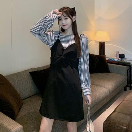 Two-Piece Set for Women 2021 Spring New Korean Style Retro Plaid Top Temperament Mid-Length Sling Dress goth lolita dress