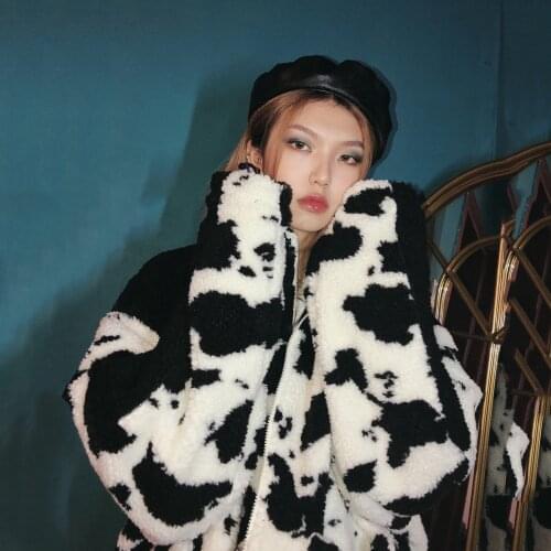 Winter lazy jackets cow pattern Plush thickened mens and womens cotton padded overasize loose trend lamb wool coat