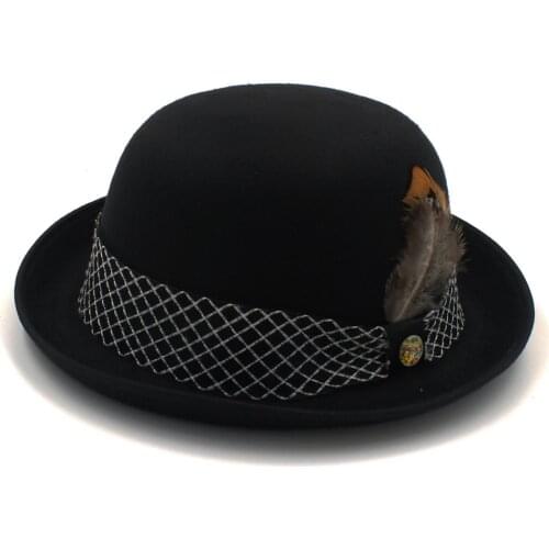 Fashion Womens Mens Black Bowler Hat With Feather For Gentleman Dad Hat Luxury Billycock Derby Fedora Hats