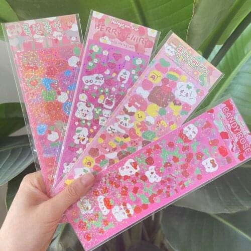 Cartoon Bear Rose Blingbling Cute Stickers Korean Ins Laser Waterproof Paster Creative DIY Stationery Kawaii Decorative Sticker