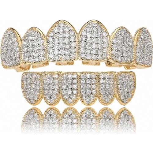 Hip Hop Teeth Grillz Set For Unisex Iced out Top Bottom Mouth Gold Silver Color Teeth Grills Tooth Caps Dental Fashion Jewelry