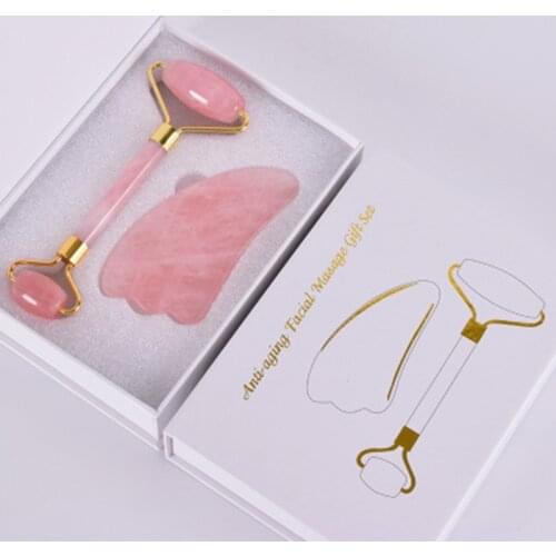 Natural Pink Crystal Jade Roller Double Head Rose Quartz Massage Roller Real Stone Facial Massager Guasha Tool Set with Box
