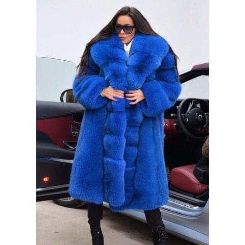 BFFUR 110CM Long Real Fox Fur Coat With Big Turn-down Collar Natural High Quality Genuine Whole Skin Fox Fur Coats Thick Warm
