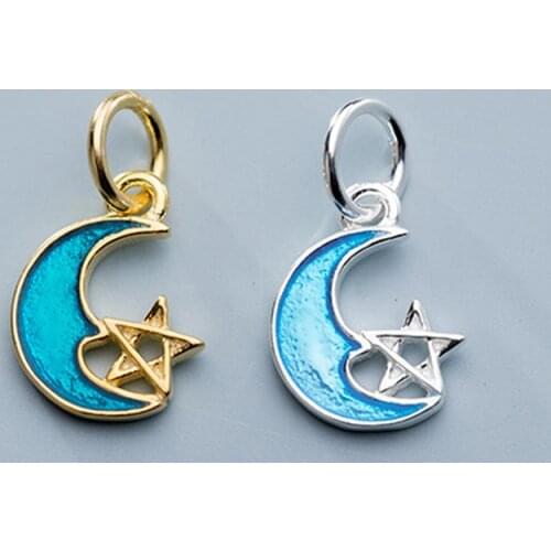 Cute Drop Glue Blue Moon&Star Cartoon Charms 925 Sterling Silver Fine Dangle Pendants DIY Jewelry Making Accessories Supplier