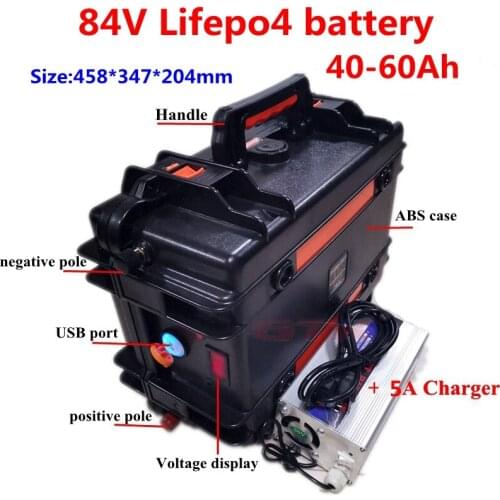 Portabel Lifepo4 84V 40Ah 50Ah 60Ah 70Ah LiFepo4 lithium battery with BMS for motorcycle UPS boat RV golf cart + 5A charger