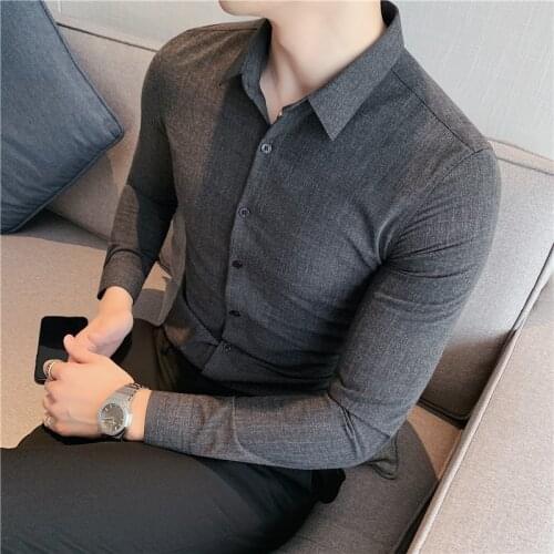 British Style Luxury Solid Men Dress Shirt Long Sleeve Simple All Match Business Formal Wear Slim Fit Mens Social Shirts Casual