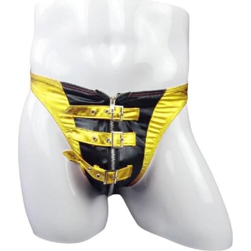 Sexy Men Low-waist Faux Leather Zipper Open Crotch G-string Stripe Erotic Lingerie Thong Gay Briefs Golden Red FX1011