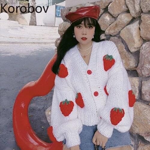 Korobov Autumn Winter New Sweet Sweaters Korean Strewberry Knit V Neck Long Sleeve Jumpers Vintage Elegant Chic Sueter Mujer