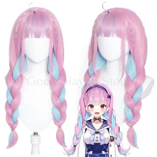 VTuber Hololive Minato Aqua Wig Mixed Blue Pink Braids Girls Twin Ponytails Cosplay Long Braided Hair Youtuber Role Play