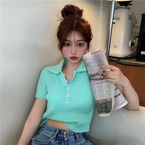 Woman TShirts Polo Lapel Short Sleeve Knitwear T-shirt Womens 2021 Summer Top Crop Top Mujer Camisetas