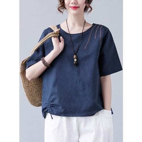 Women Summer Casual T-shirts New 2021 Simple Style Vintage Embroidery Loose Cotton Linen Female Short Sleeve Tops Tees B054